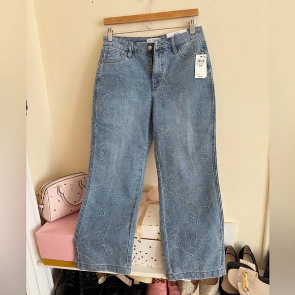 Embroidered Light Blue Wide Leg Jeans - Picture 1 of 6